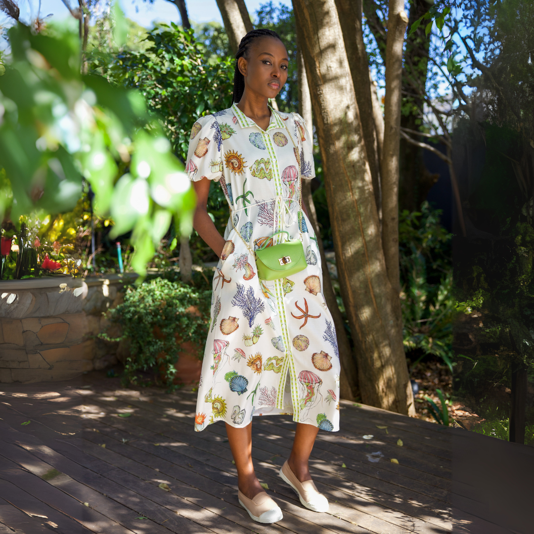 Sea life print belted linen dress