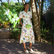 Sea life print belted linen dress