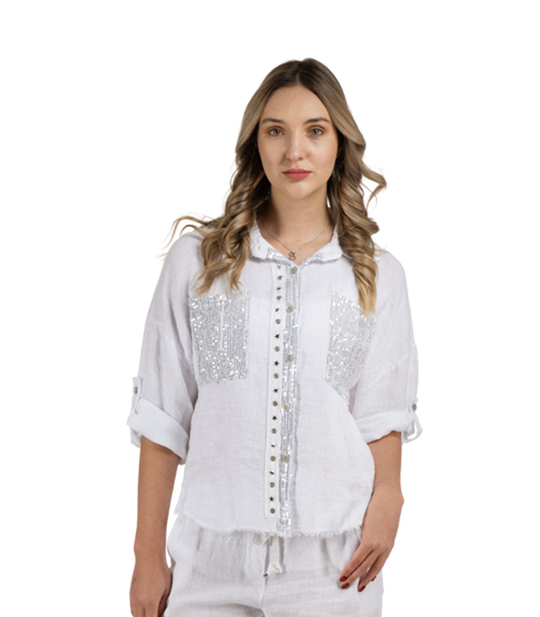 100% Linen diamante studded star shirt