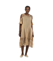 100% Linen cold shoulder lace trim dress