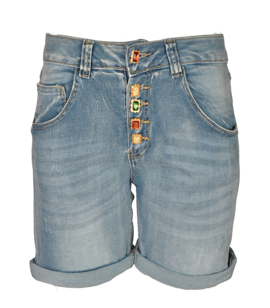 Square button torn denim shorts