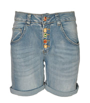 Square button torn denim shorts