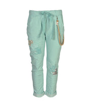 Rope chain detail sequin patch pants