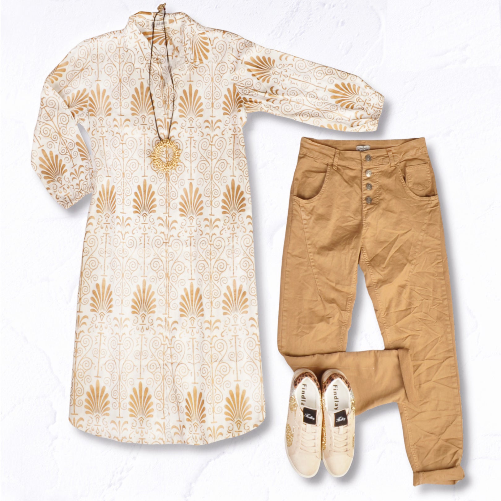 Gold foil heraldic print dress