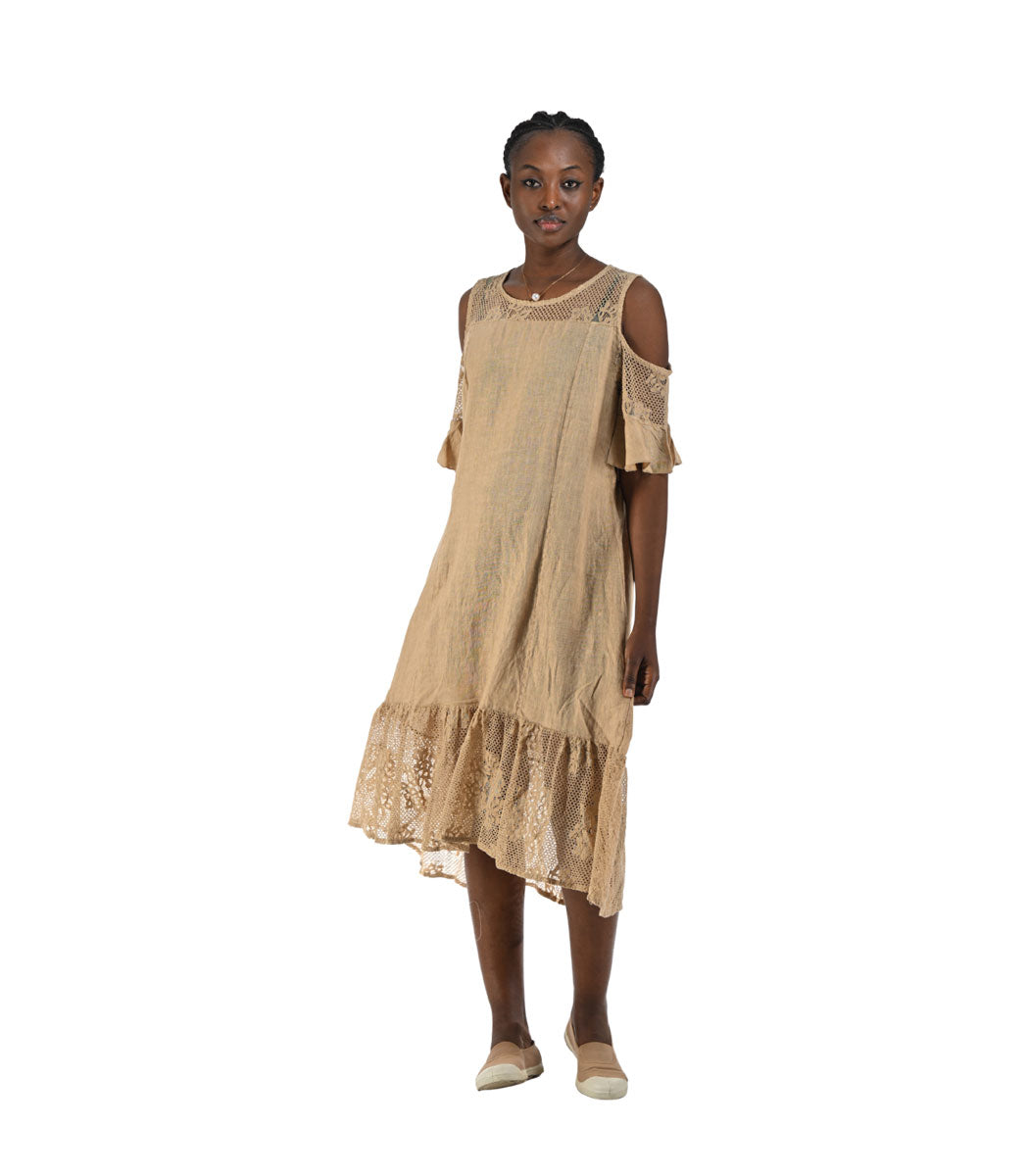 100% Linen cold shoulder lace trim dress