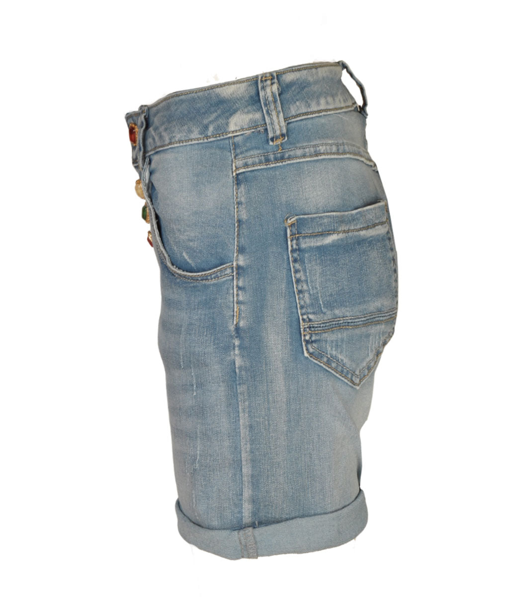 Square button torn denim shorts