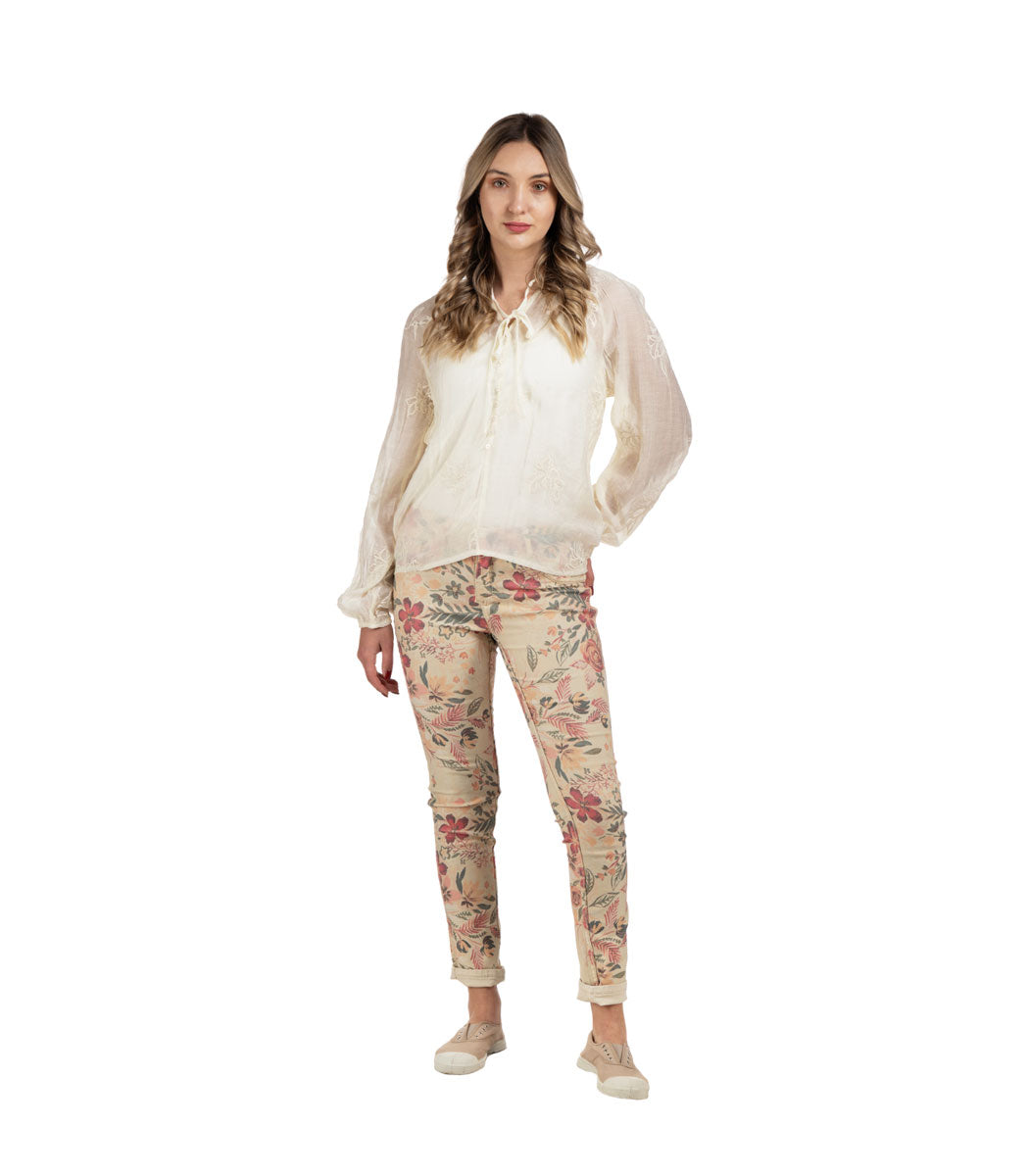 Embroidered button detail sheer blouse