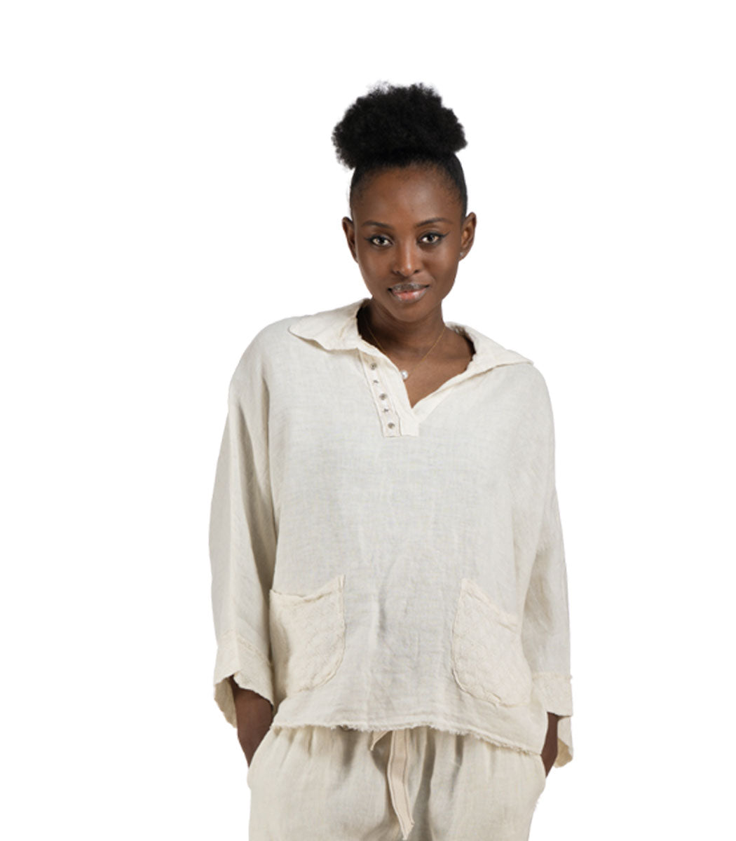 100% Linen raw-edge anglaise studded top
