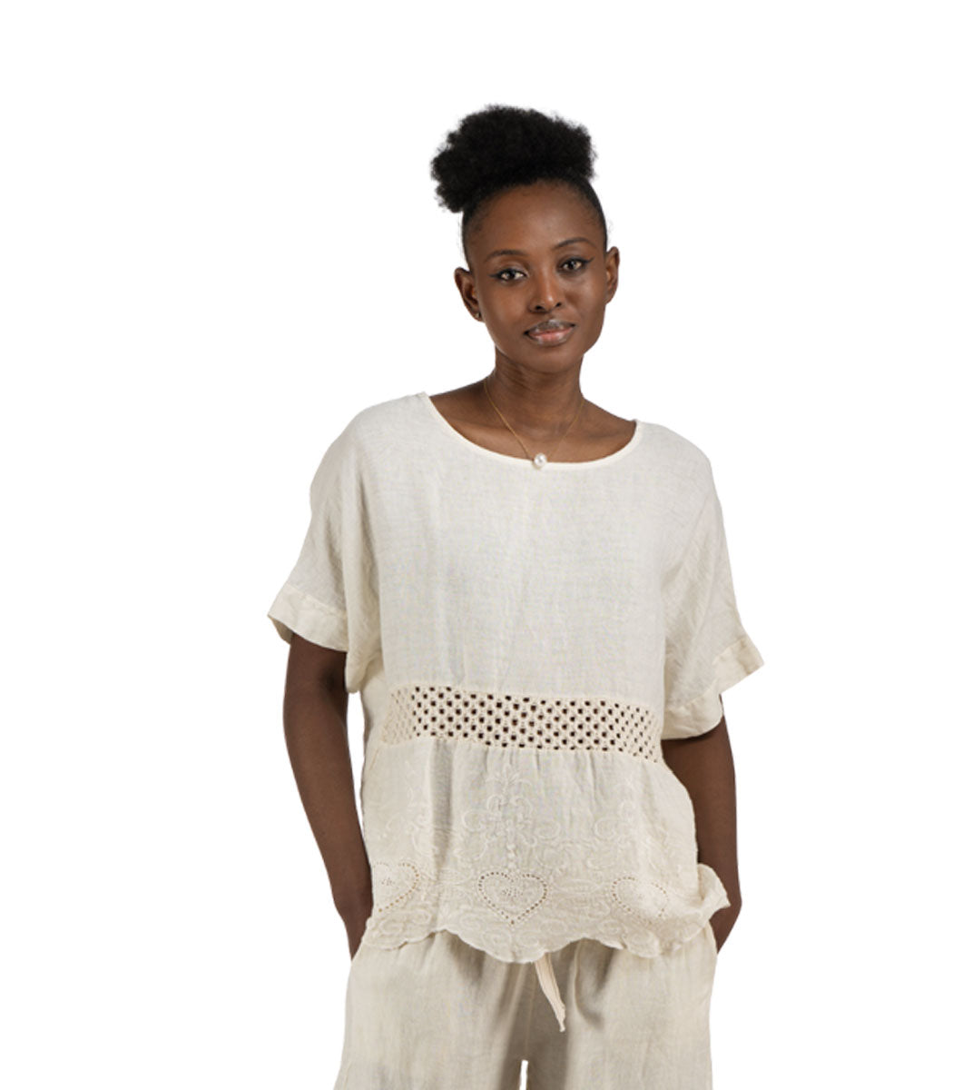 100% Linen crochet anglaise top