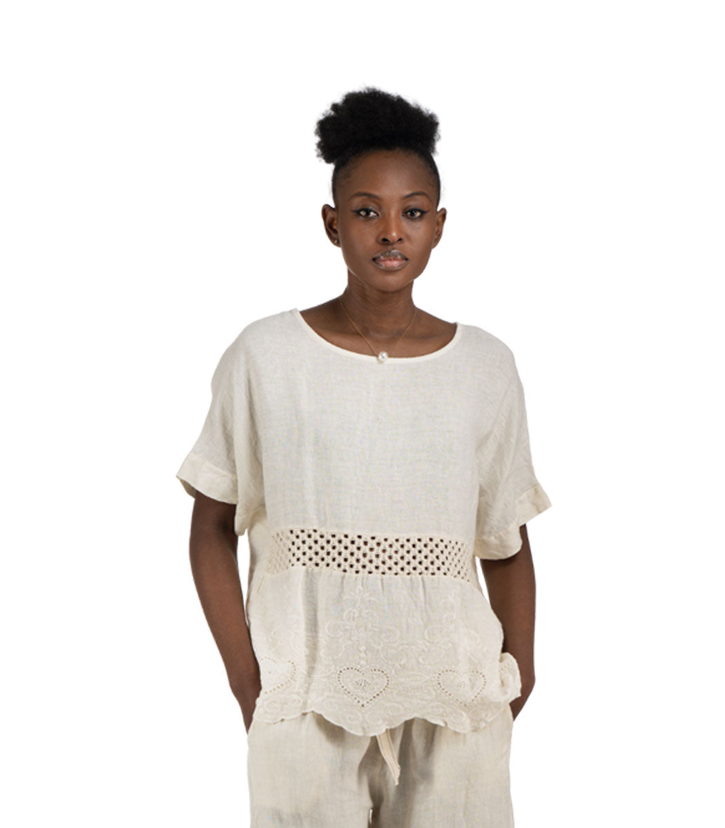 100% Linen crochet anglaise top