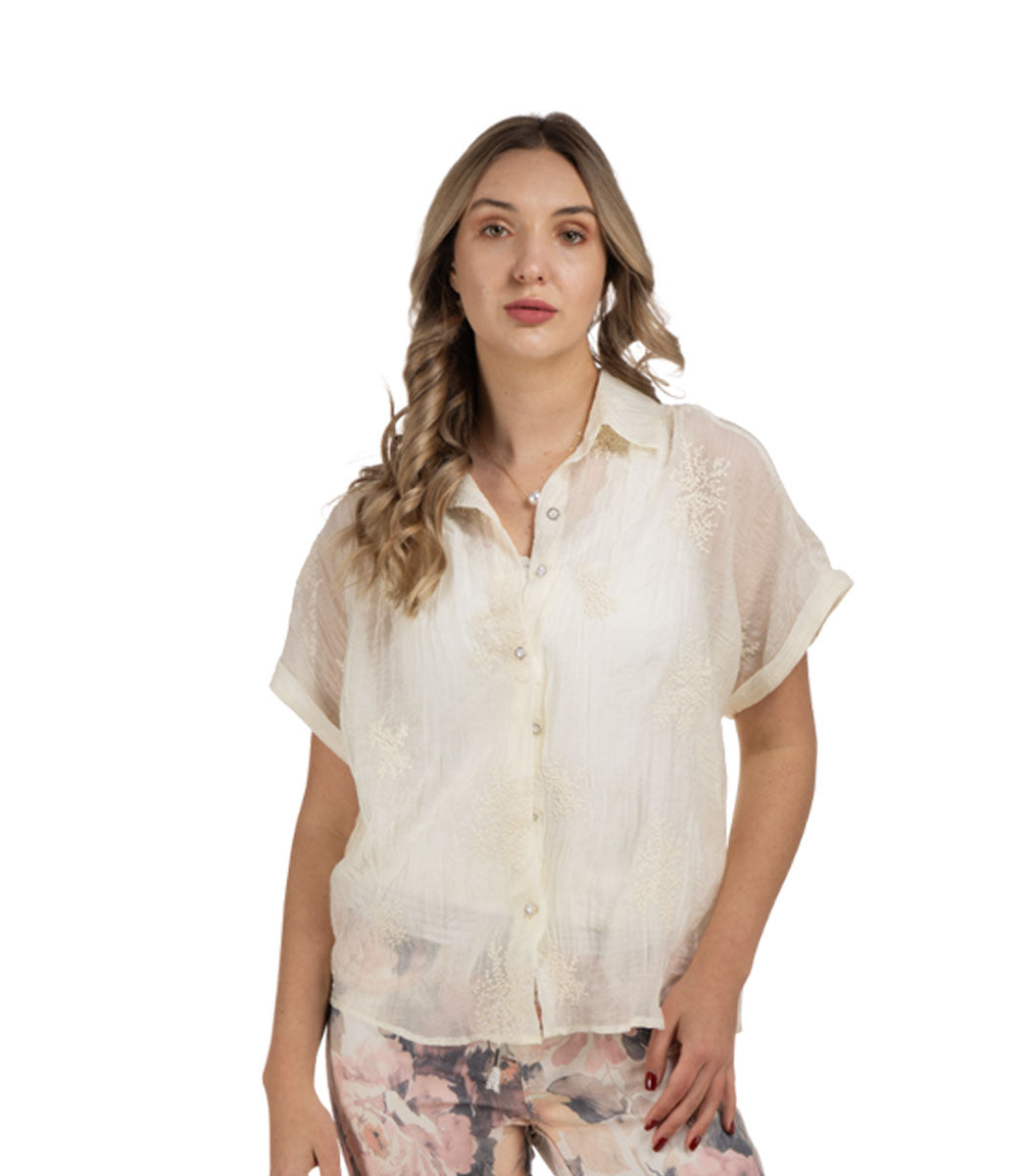 Pearl button embroidered sheer shirt