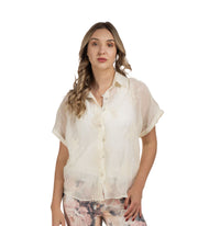 Pearl button embroidered sheer shirt