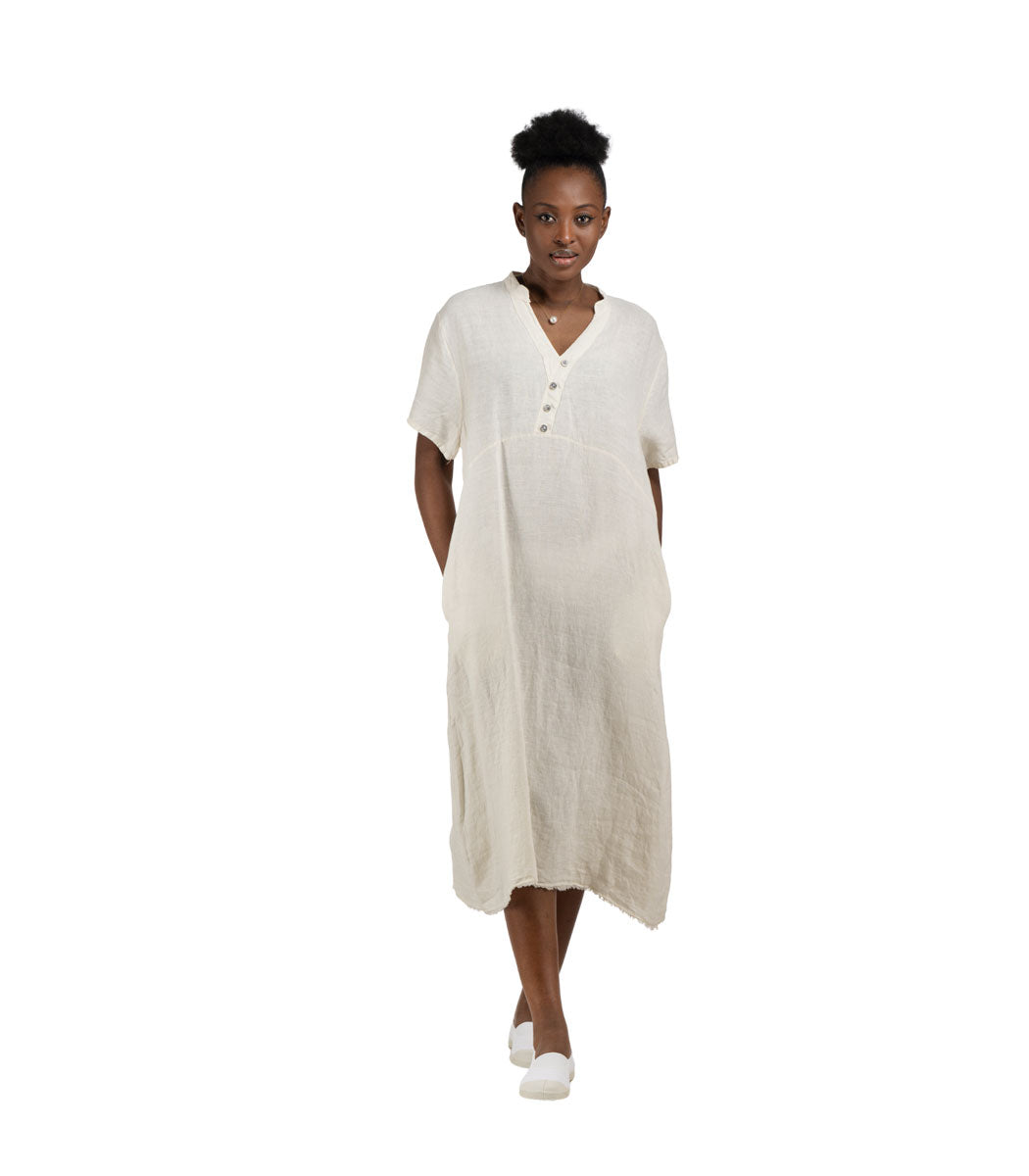 100% Linen diamante button raw-edge dress