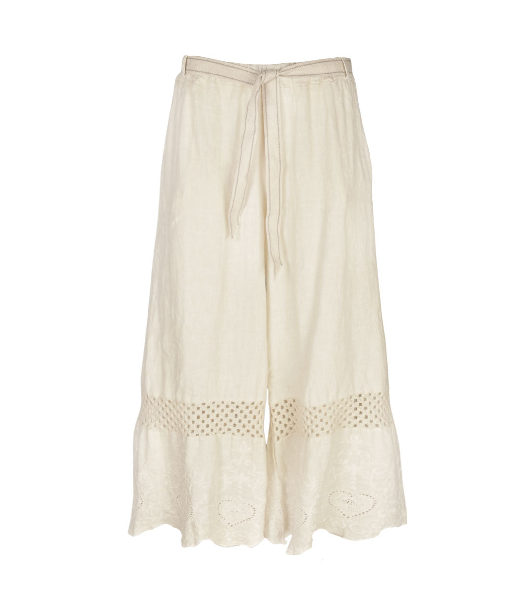 100% Linen crochet anglaise belted pants