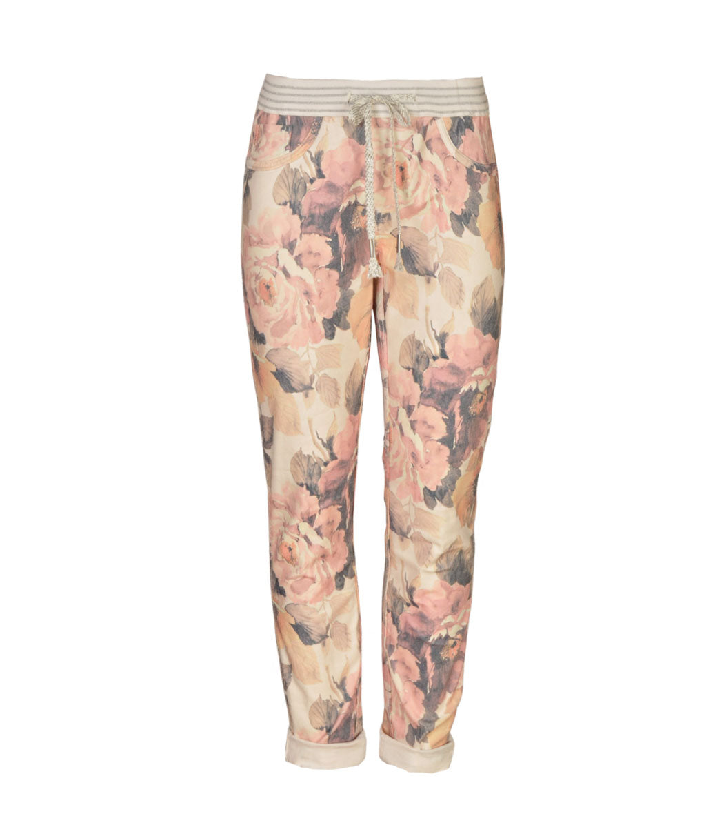 Lurex waistband reversible floral pants