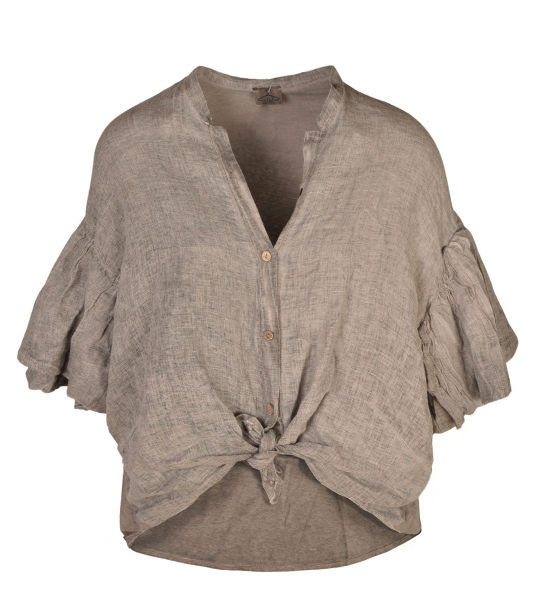 2-Textured overdyed bubble sleeve linen shirt