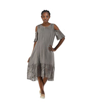 100% Linen cold shoulder lace trim dress