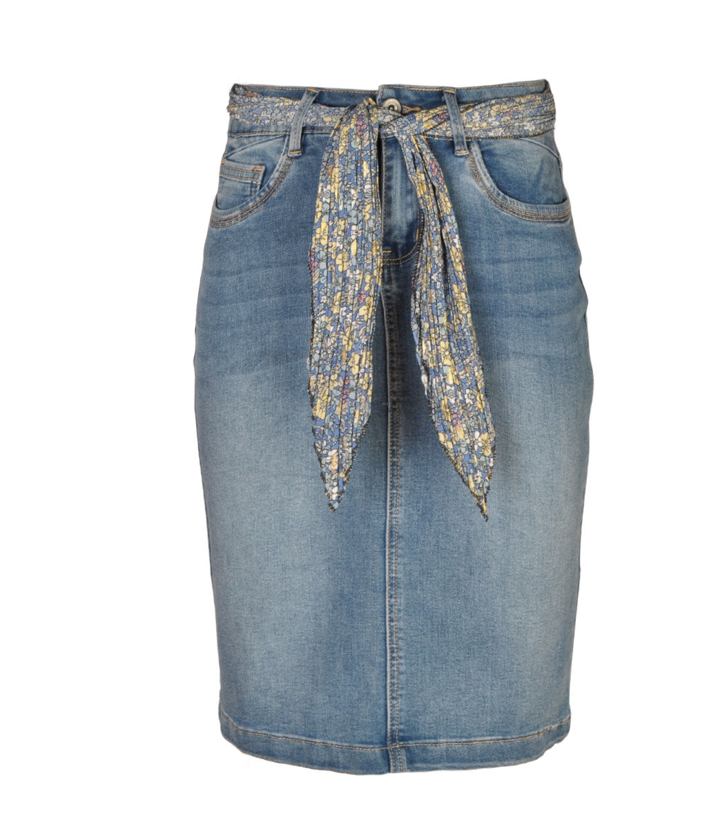 Scarf belt denim pencil skirt