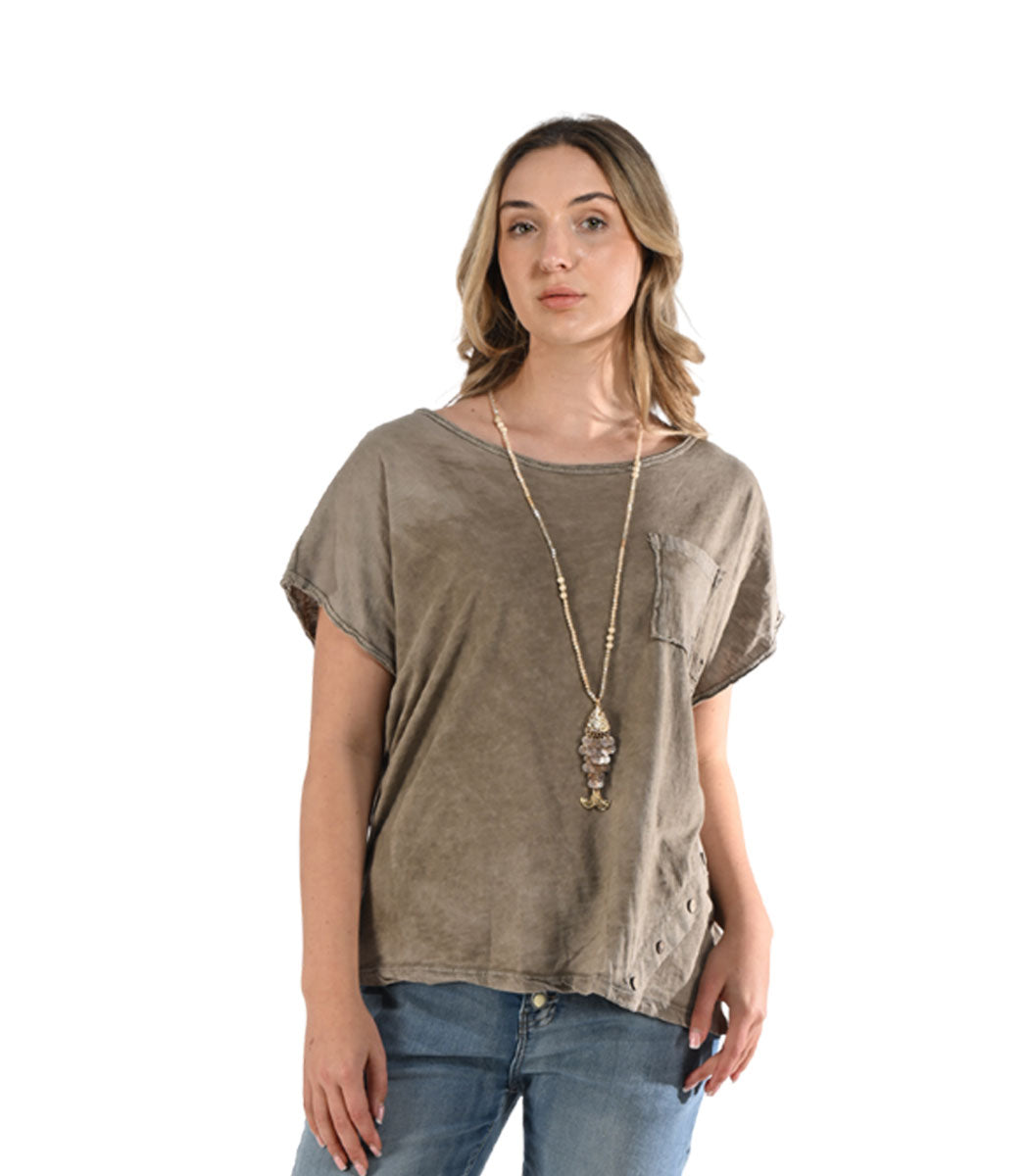 Asymmetrical button detail raw-edge overdyed top