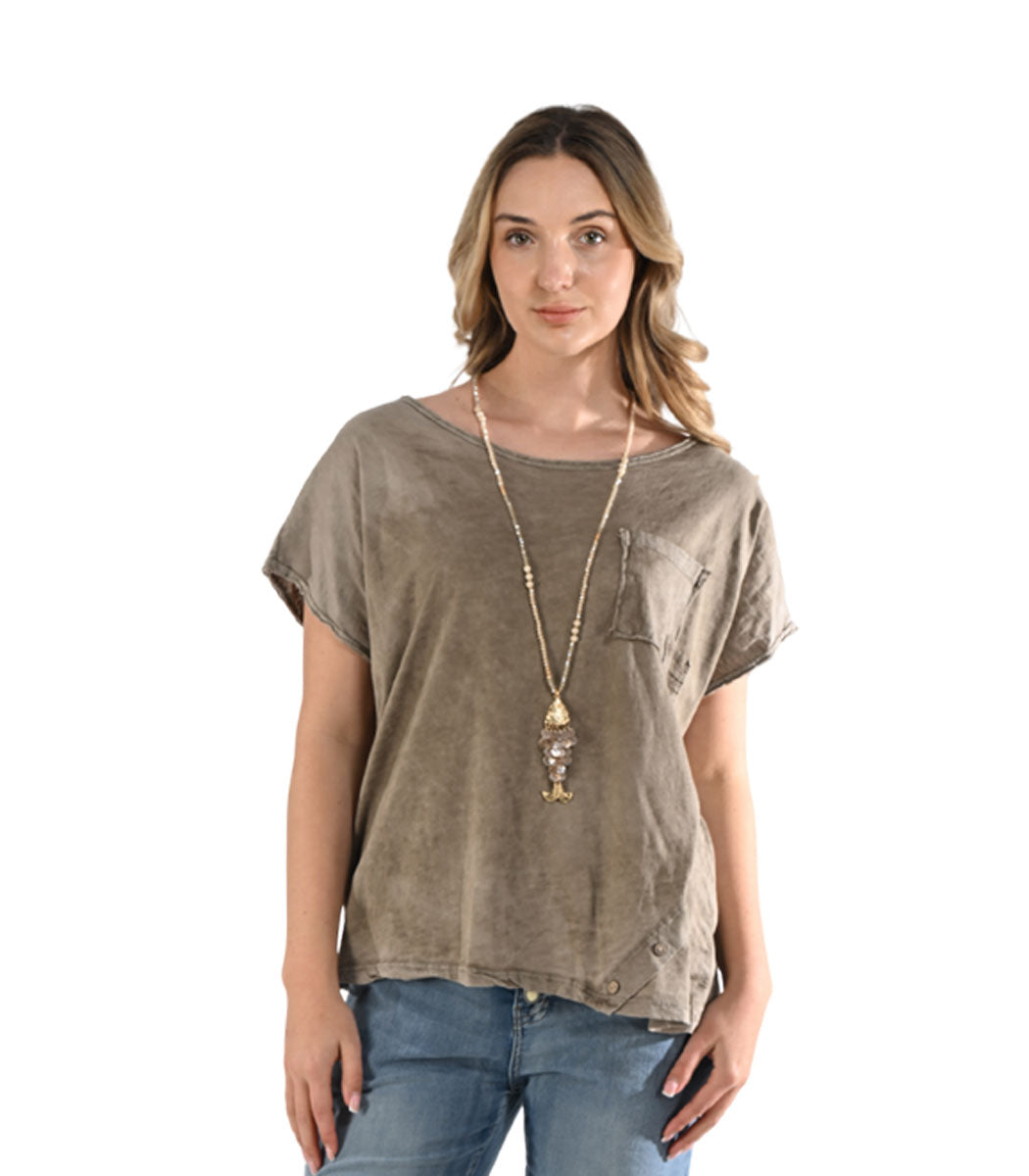 Asymmetrical button detail raw-edge overdyed top