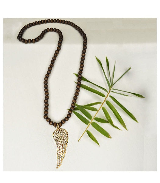 Diamante wing wooden beaded necklace
