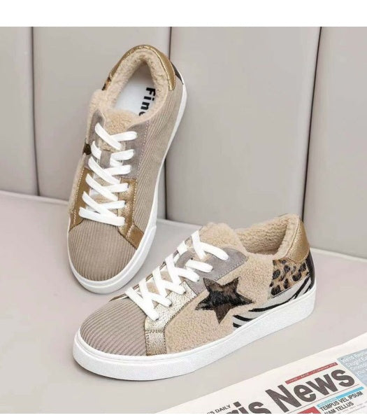 Faux fur animal print corduroy sneaker