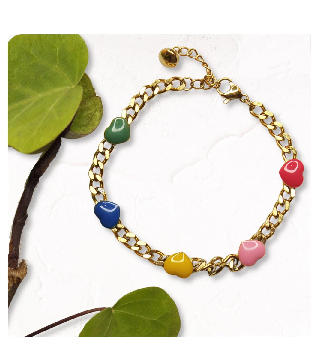 Enamel heart chain bracelet