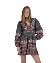 Geometric floral bubble sleeve mini dress