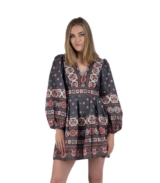 Geometric floral bubble sleeve mini dress