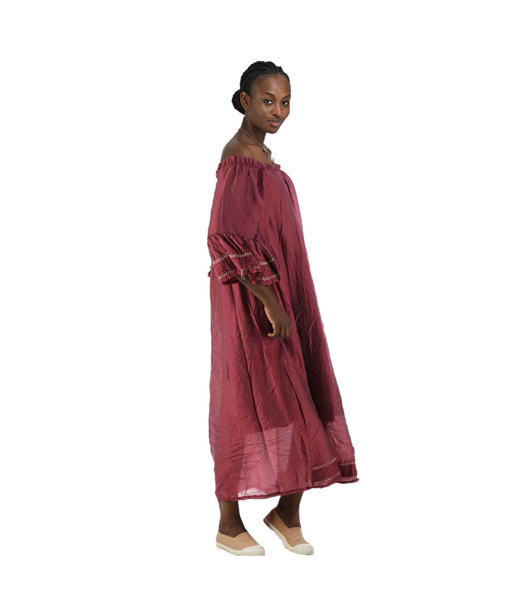 Elastic neckline bell sleeve maxi dress