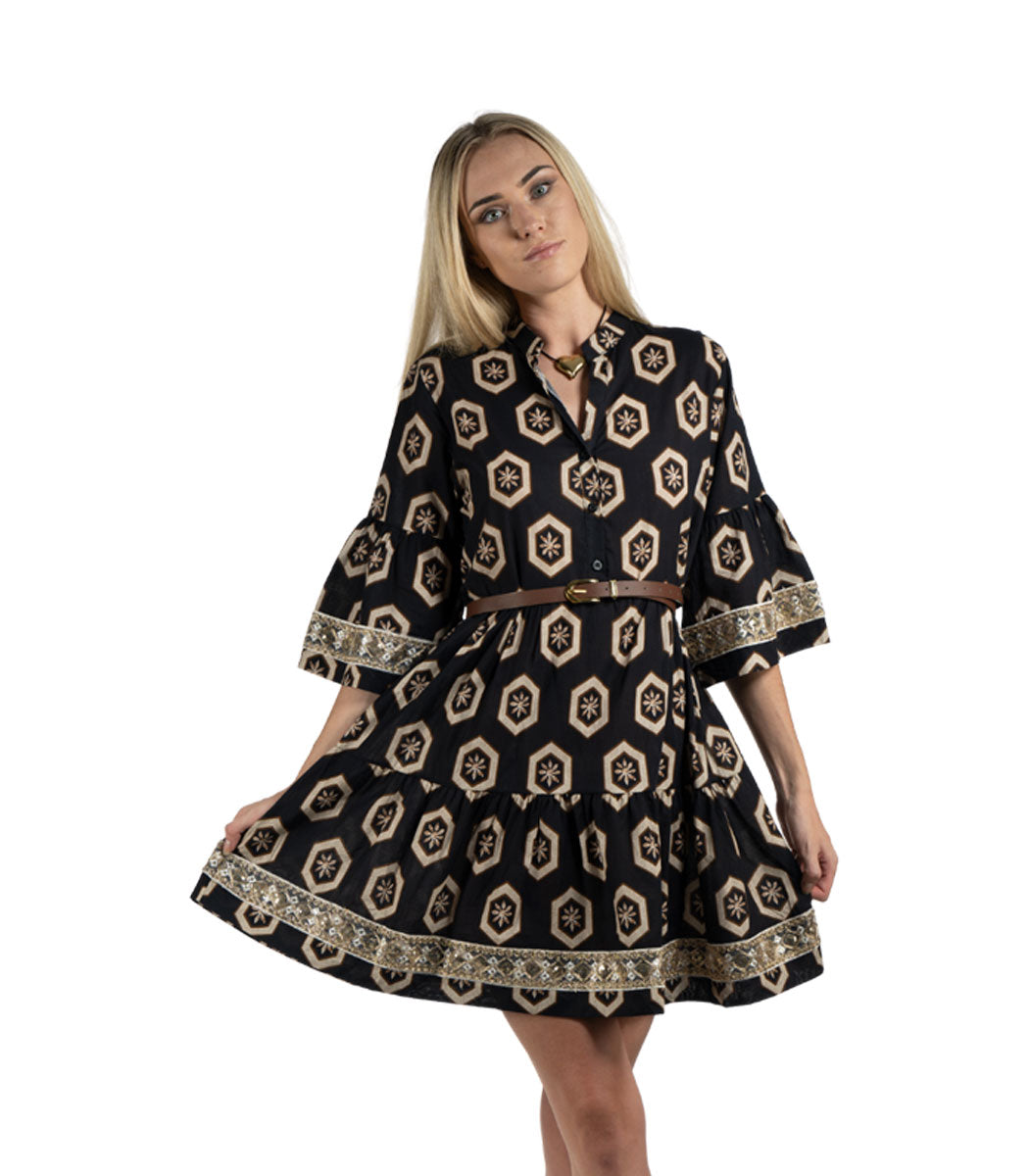 Braided trim belted mini dress