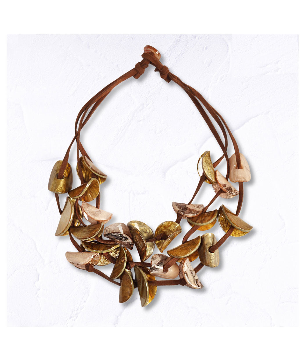 Folded resin disc multi string necklace