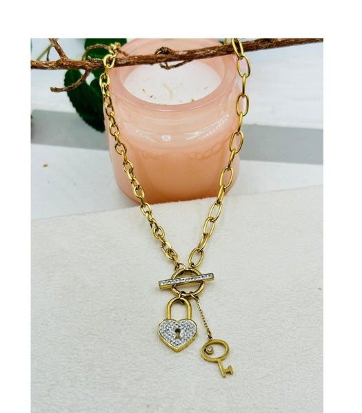 Diamante heart and lock chain necklace