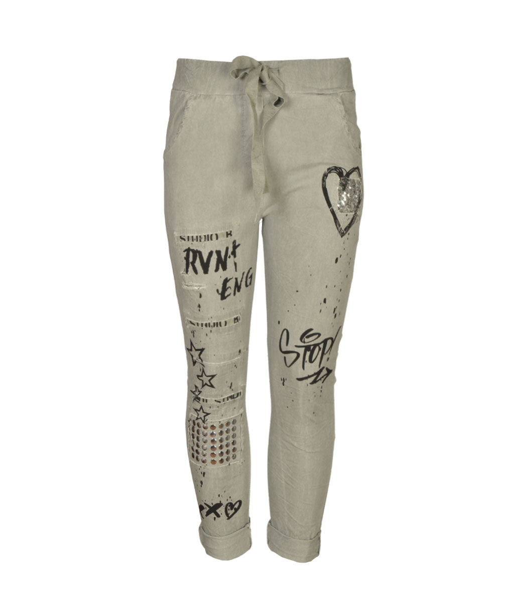 Sequin studded word print pants