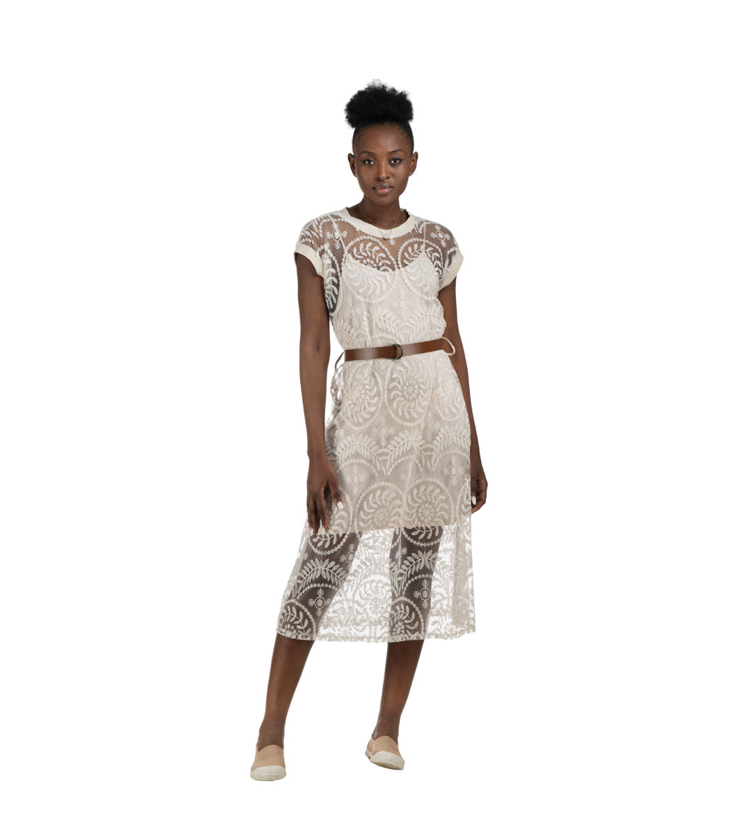 Embroidered belted dress