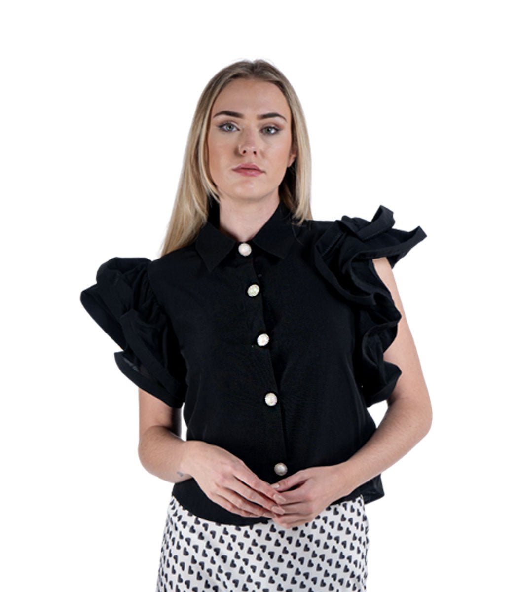 Pearl button frill sleeve blouse