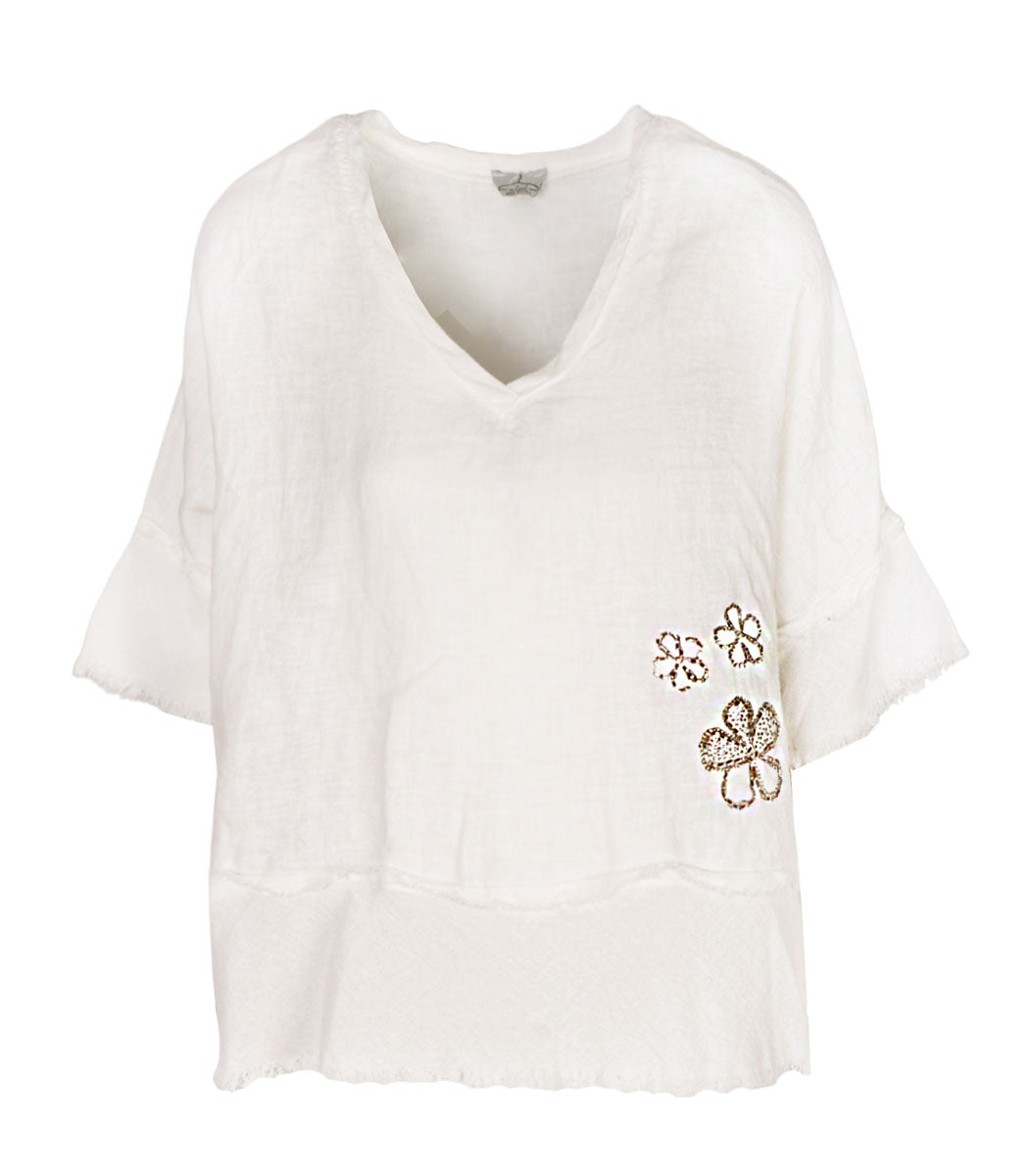 100% Linen raw-edge diamante daisy batwing top
