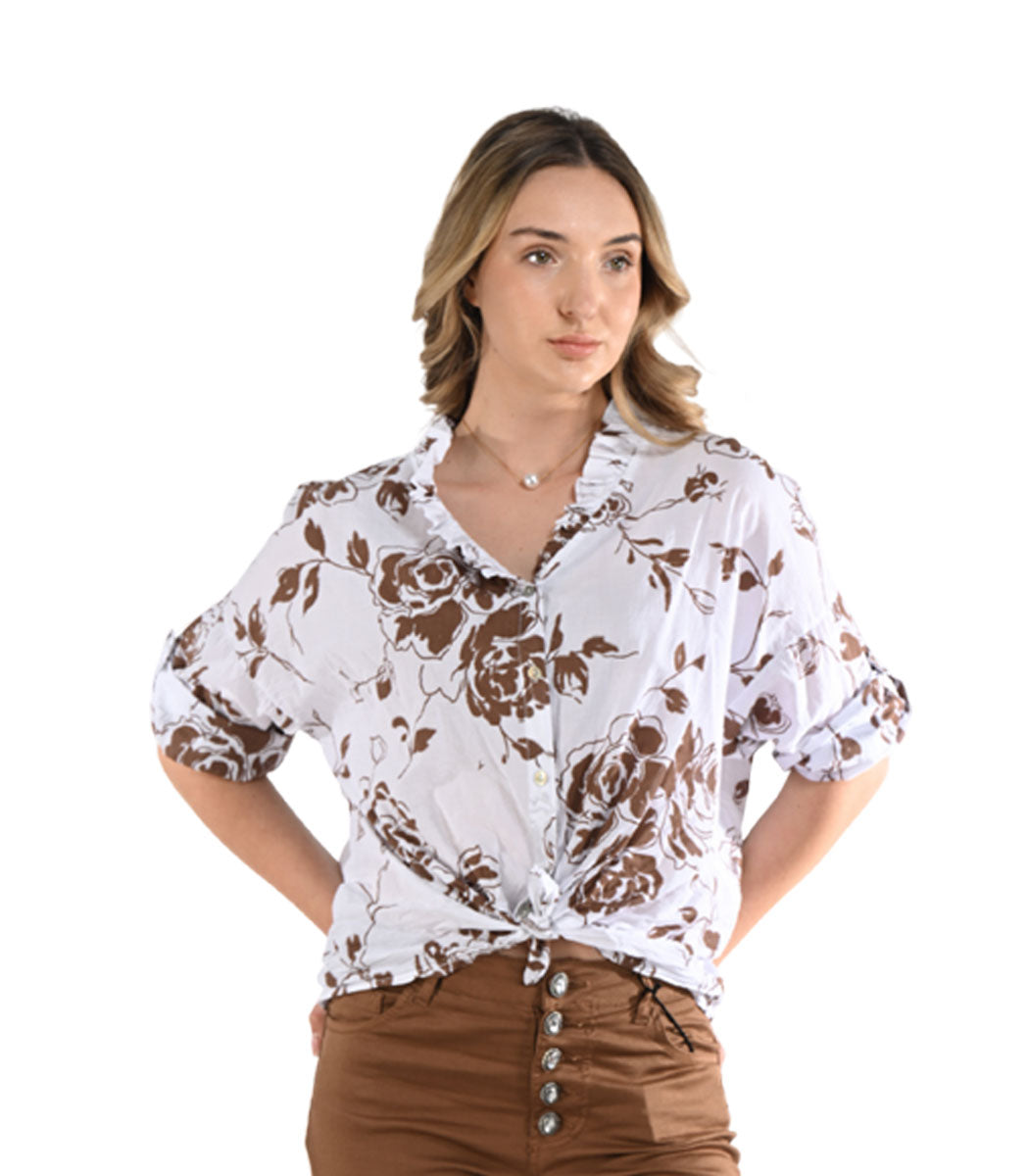 Frill collar rose print shirt