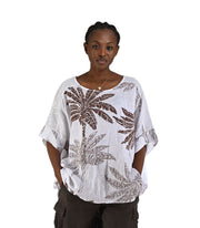 100% Linen sequin trim palm print oversized top