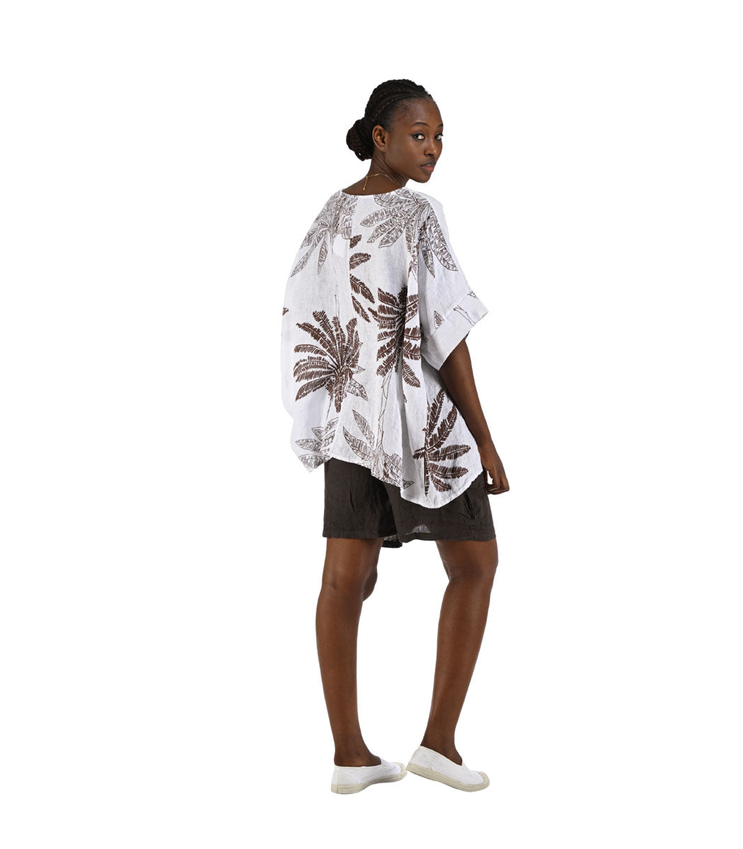 100% Linen sequin trim palm print oversized top