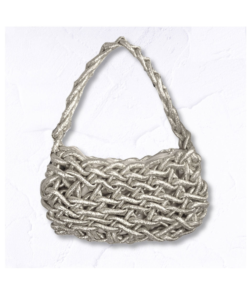 Knitted shimmer clutch bag