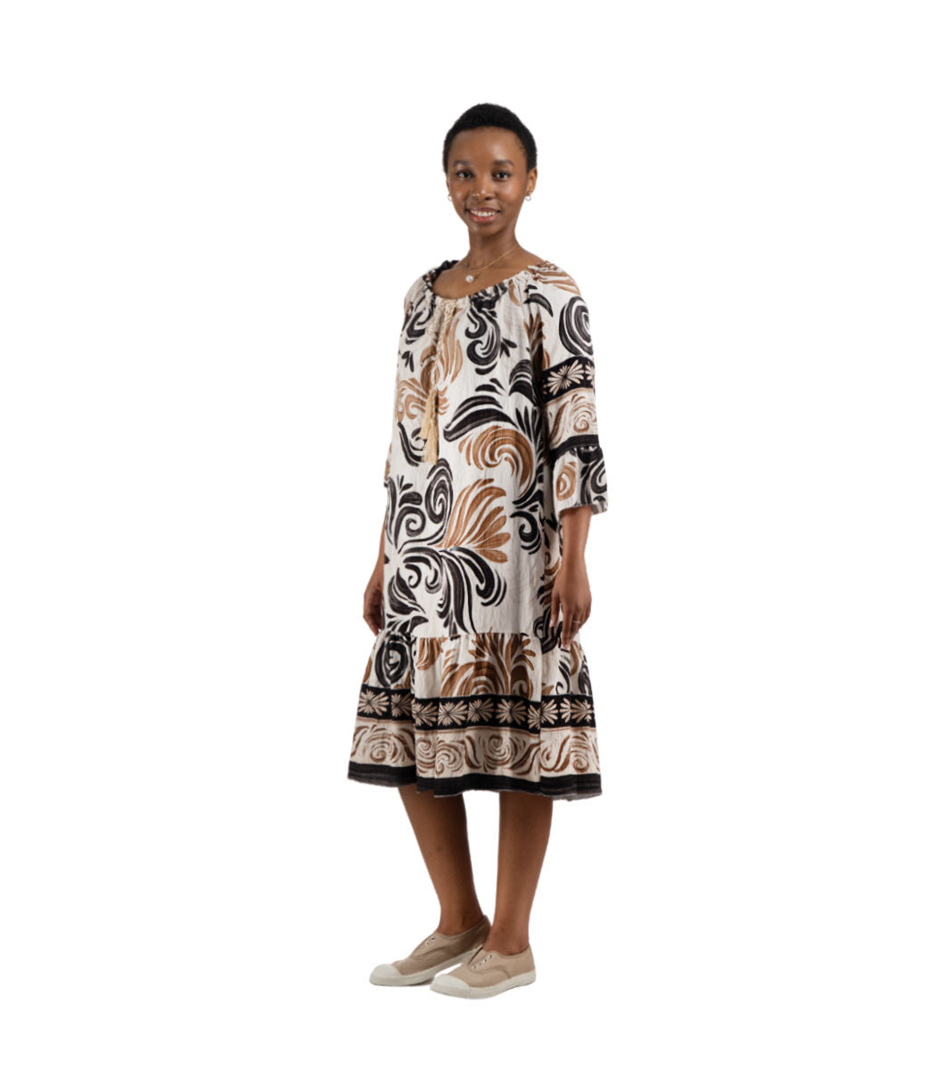 Heraldic print tassel dress