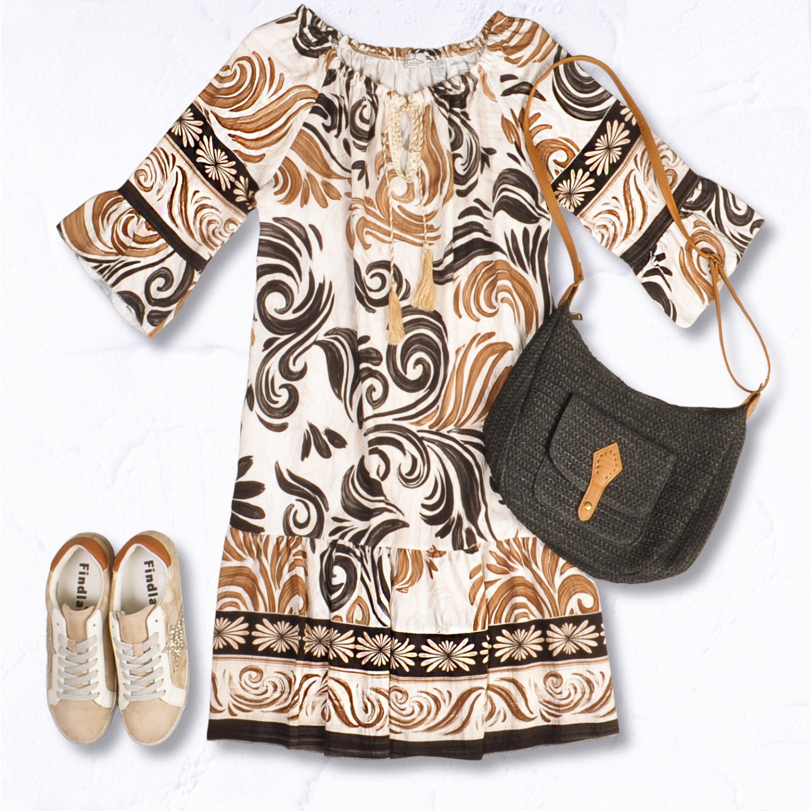 Heraldic print tassel dress