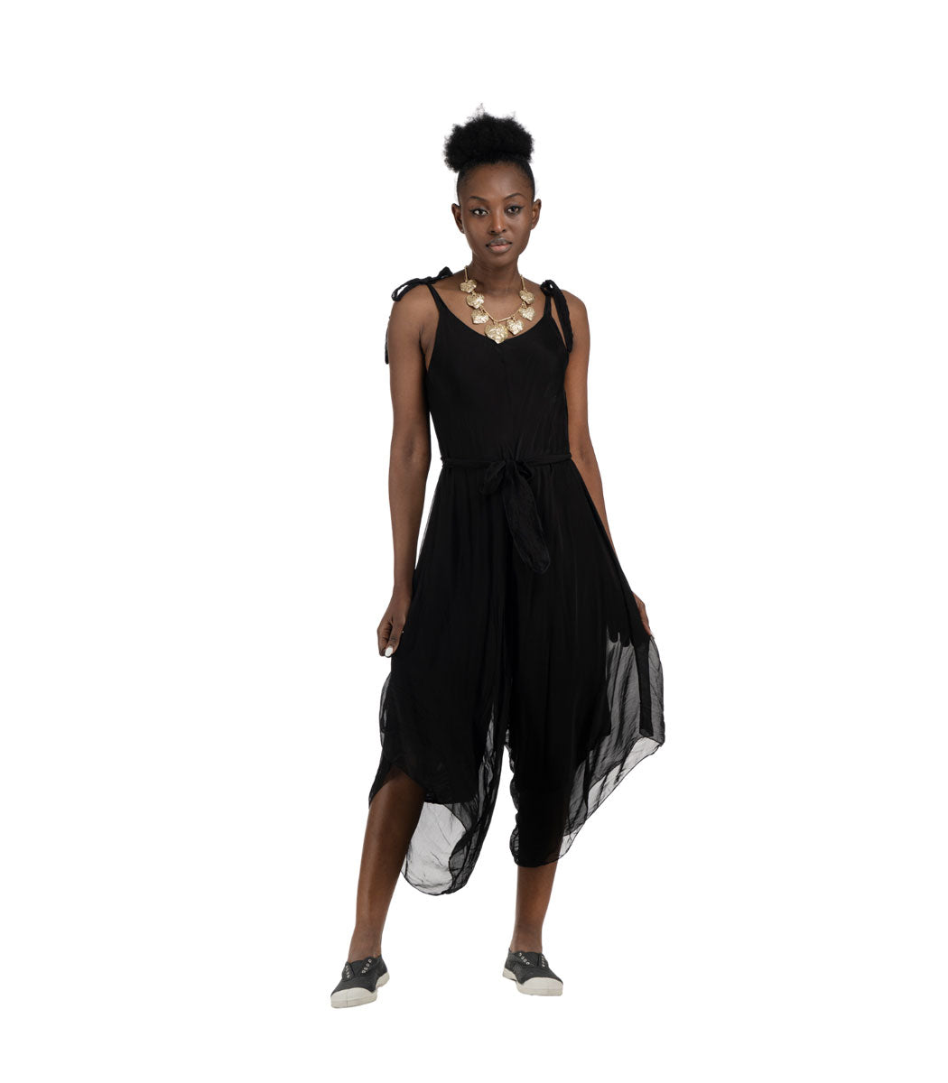 Wide leg belted silky jumpsuit