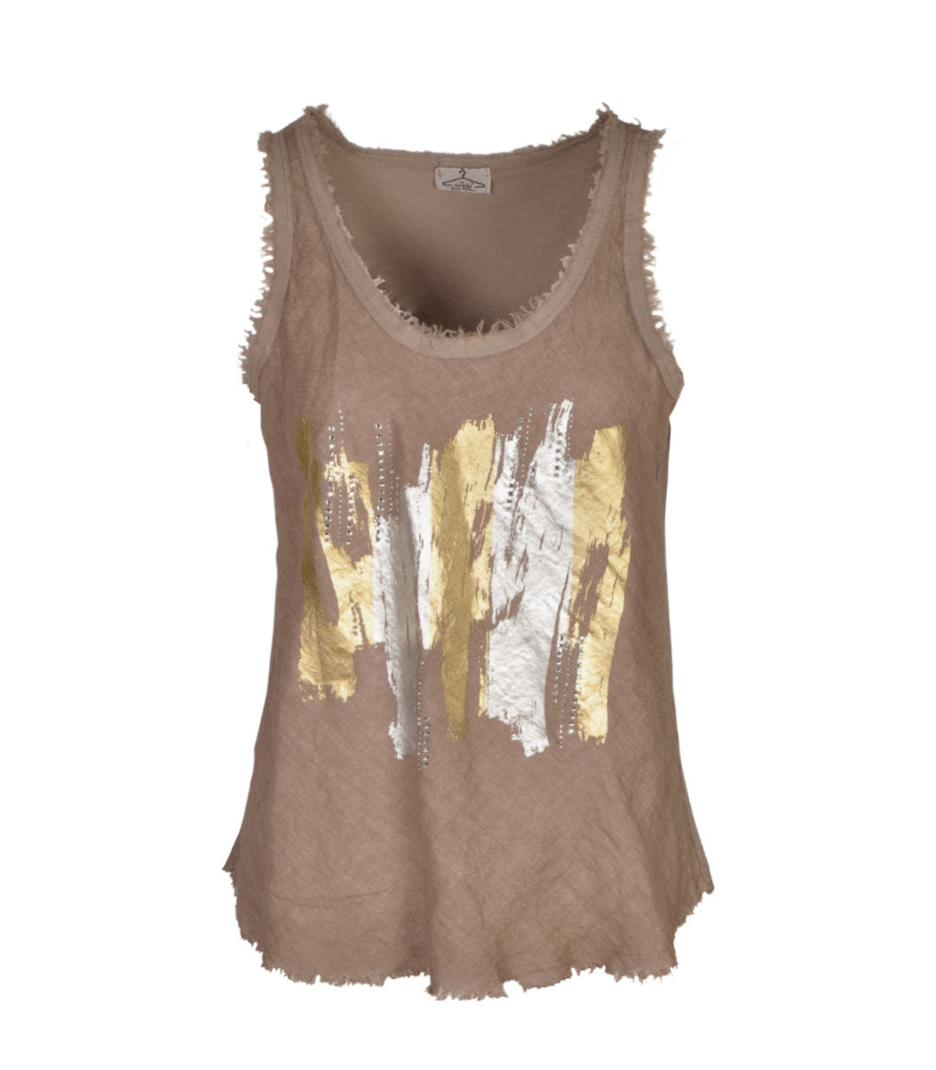 Raw-edge diamante foil print linen top
