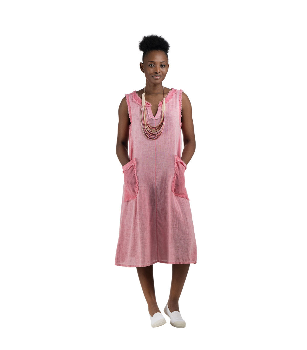 Raw-edge front pocket linen dress