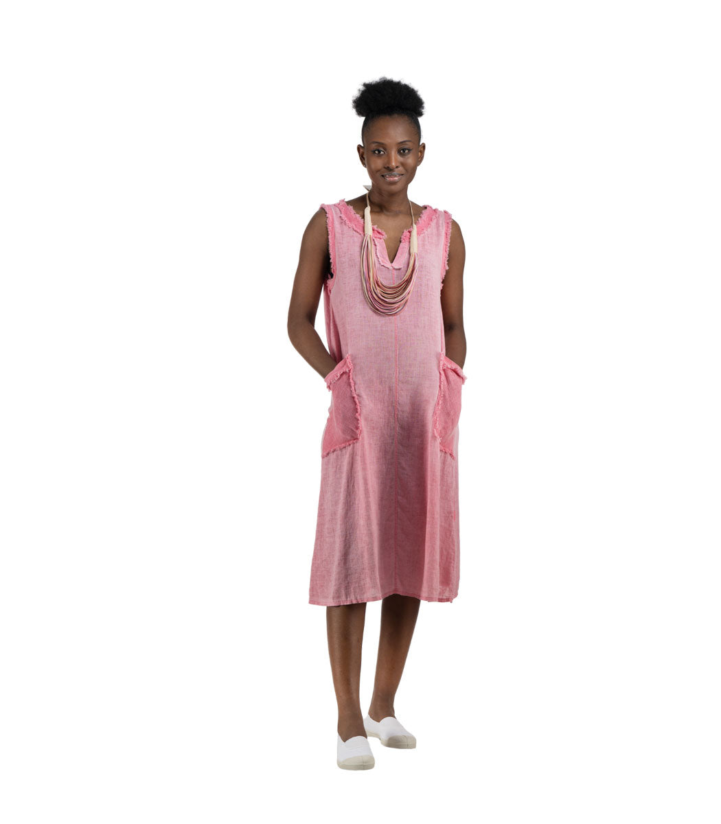Raw-edge front pocket linen dress