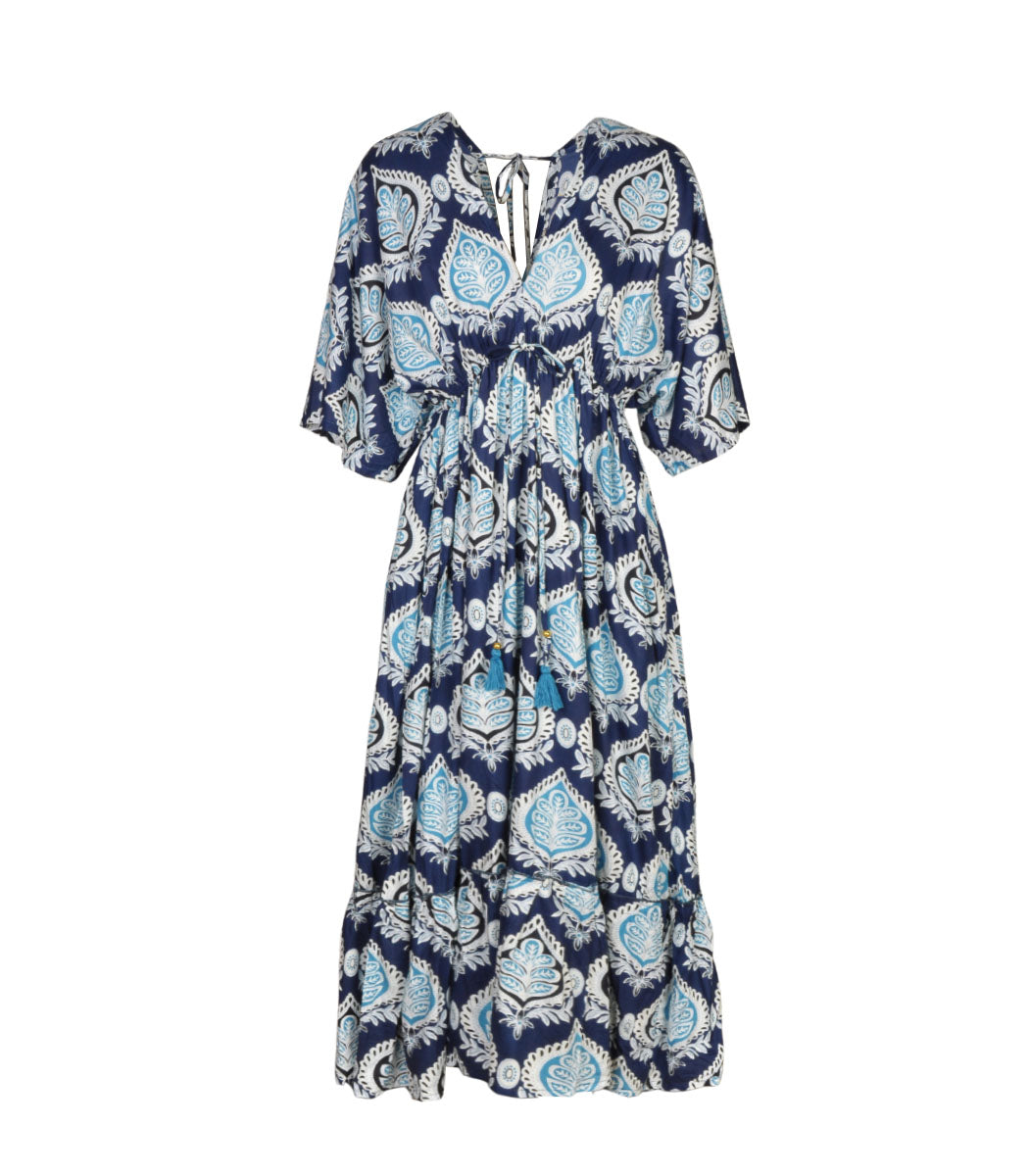 Damask print tassel kaftan dress