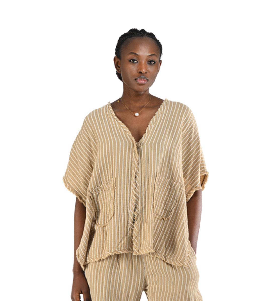 1 Button raw-edge striped top