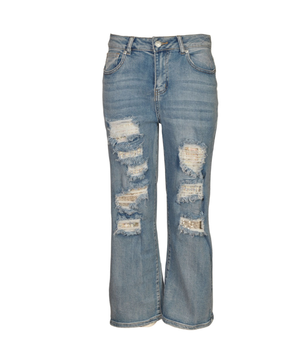Ripped sequin patch straight leg jeans